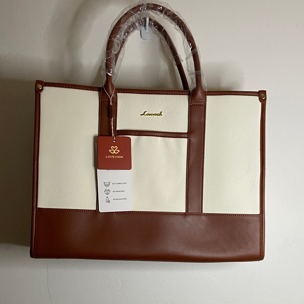 Lovevook  Two-Tone Cream & Brown Tote Bag with bonus make up case.